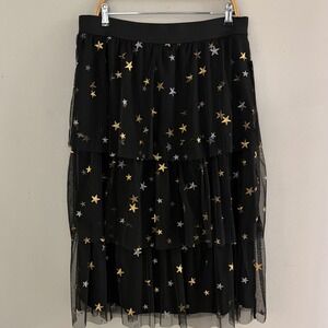 Baku Women Sz XL Black Tiered Tulle Star Embroidered Midi Skirt NWT